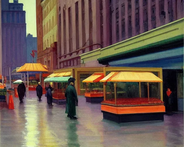 Image similar to street with food stands in a cyberpunk city on a rainy melancholy night by edward hopper