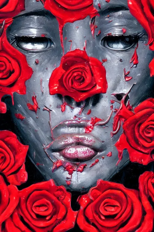 Image similar to oil painting, close-up, hight detailed, melting cyborg face with red roses everywhere at red planet, in style of 80s sci-fi art, neodada