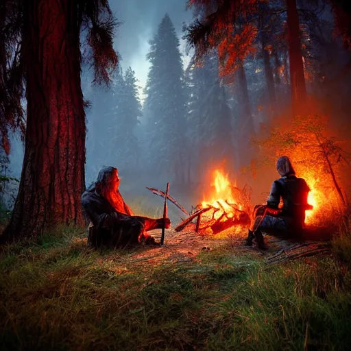 Prompt: closeup photo of stalker and witcher sitting near campfire, by marc adamus, beautiful dramatic lighting