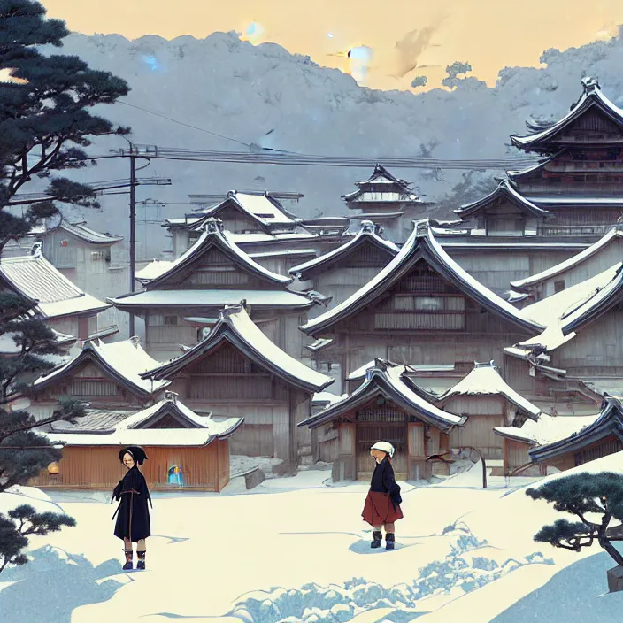 Image similar to japanese rural town, no people, winter, in the style of studio ghibli, j. c. leyendecker, greg rutkowski, artem