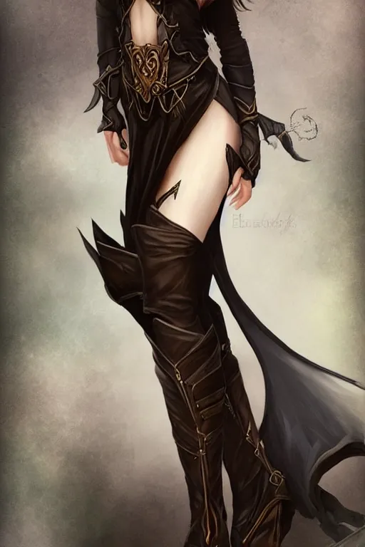 Prompt: a beatiful female elven priestess wearing thigh high black leather boots, detailed digital art in the style of Charlie Bowater