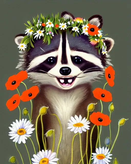 Prompt: a painting of a smiling happy cute raccoon wearing a flower crown of daisies and poppies, by antoine de saint - exupery and annabel kidston and naomi okubo and jean - baptiste monge. a child storybook illustration, muted colors, soft colors, low saturation, fine lines, white paper