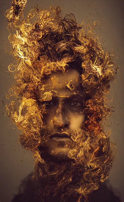 Prompt: 'Portrait of King Arthur' by István Sándorfi and Lee Jeffries royally decorated, whirling smoke, embers, gold encrustations , gilt silk torn fabric, radiant colors, fantasy, perfect lighting, studio lit, micro details,