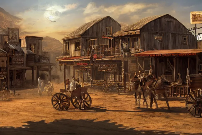 Image similar to concept art, wild west town, cinematic