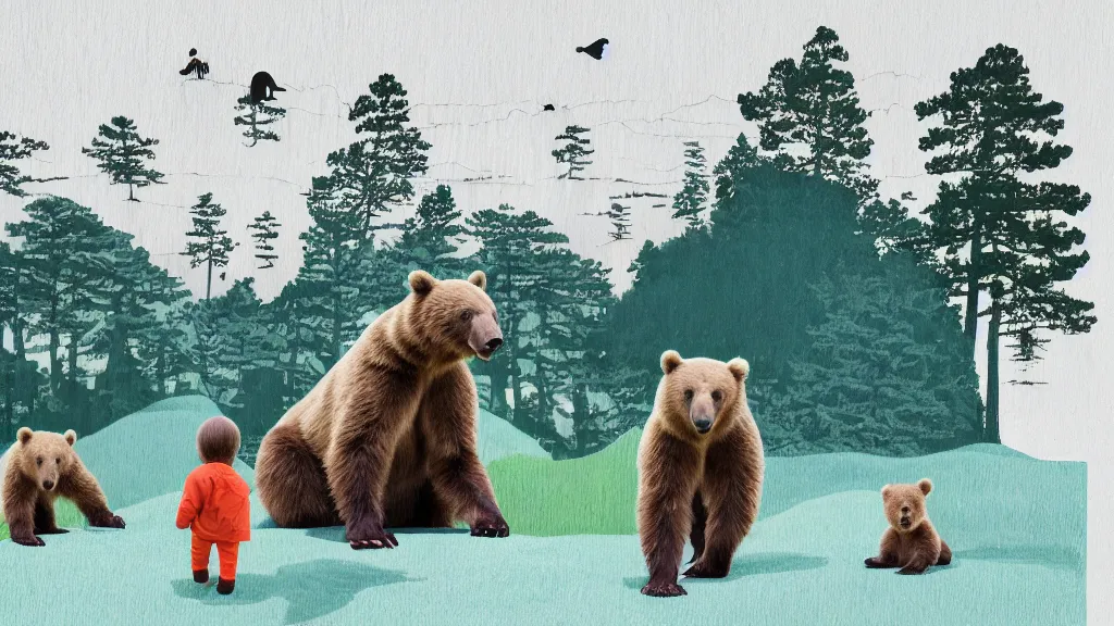 Image similar to a mama and baby bear at a seaside landscape with sequoia trees, japan, a collage painting, in the style of wes anderson, lola dupre, david hockney, isolated on negative white space background dark monochrome neon spraypaint accents volumetric octane render