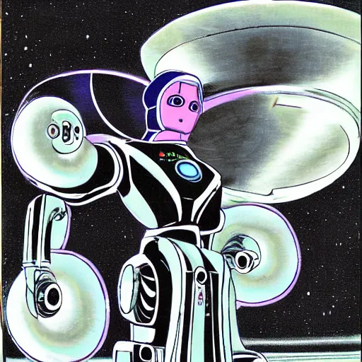 Prompt: robot with flying saucer head by hirohiko araki