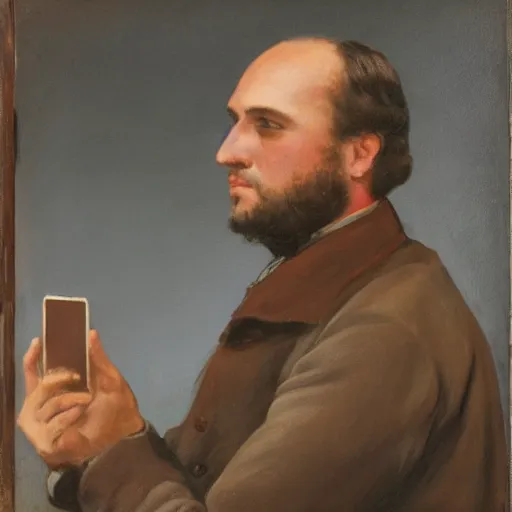 Image similar to aivozovsky paint of a man looking in his bright iphone