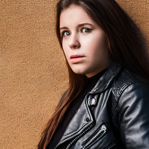 Prompt: young woman in her 20s, she wears a leather jacket and boots, full body shot, photography, very detailed face