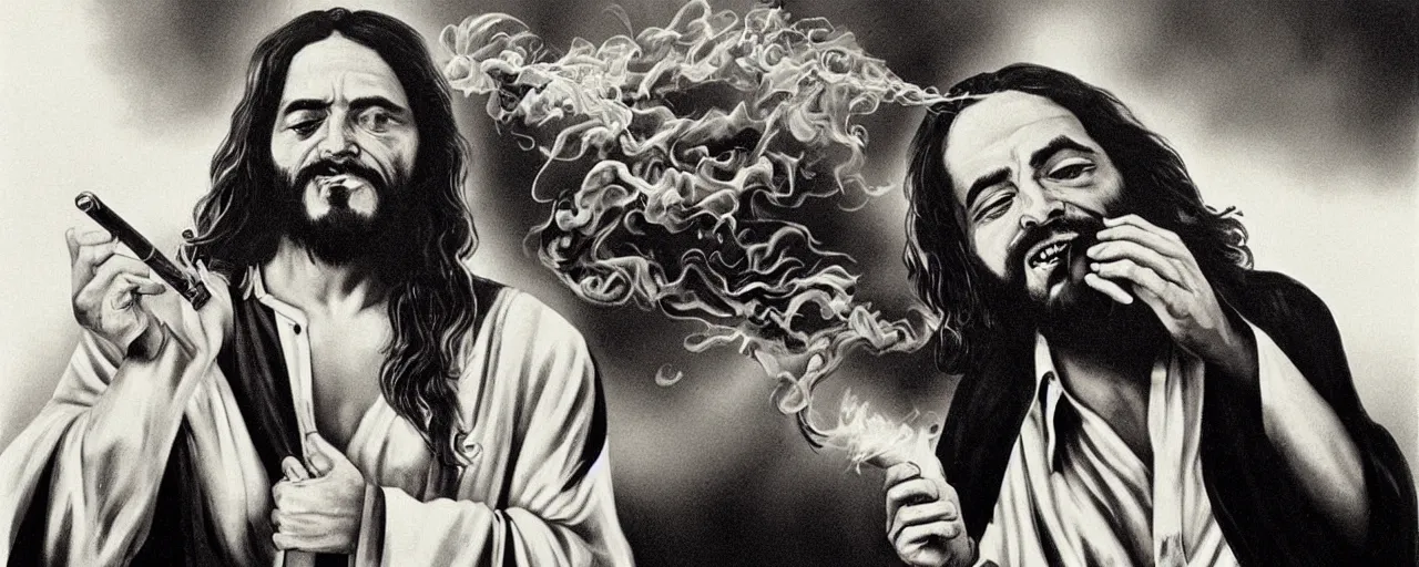 Image similar to jesus christ smoking a blunt, in the style of cheech and chong