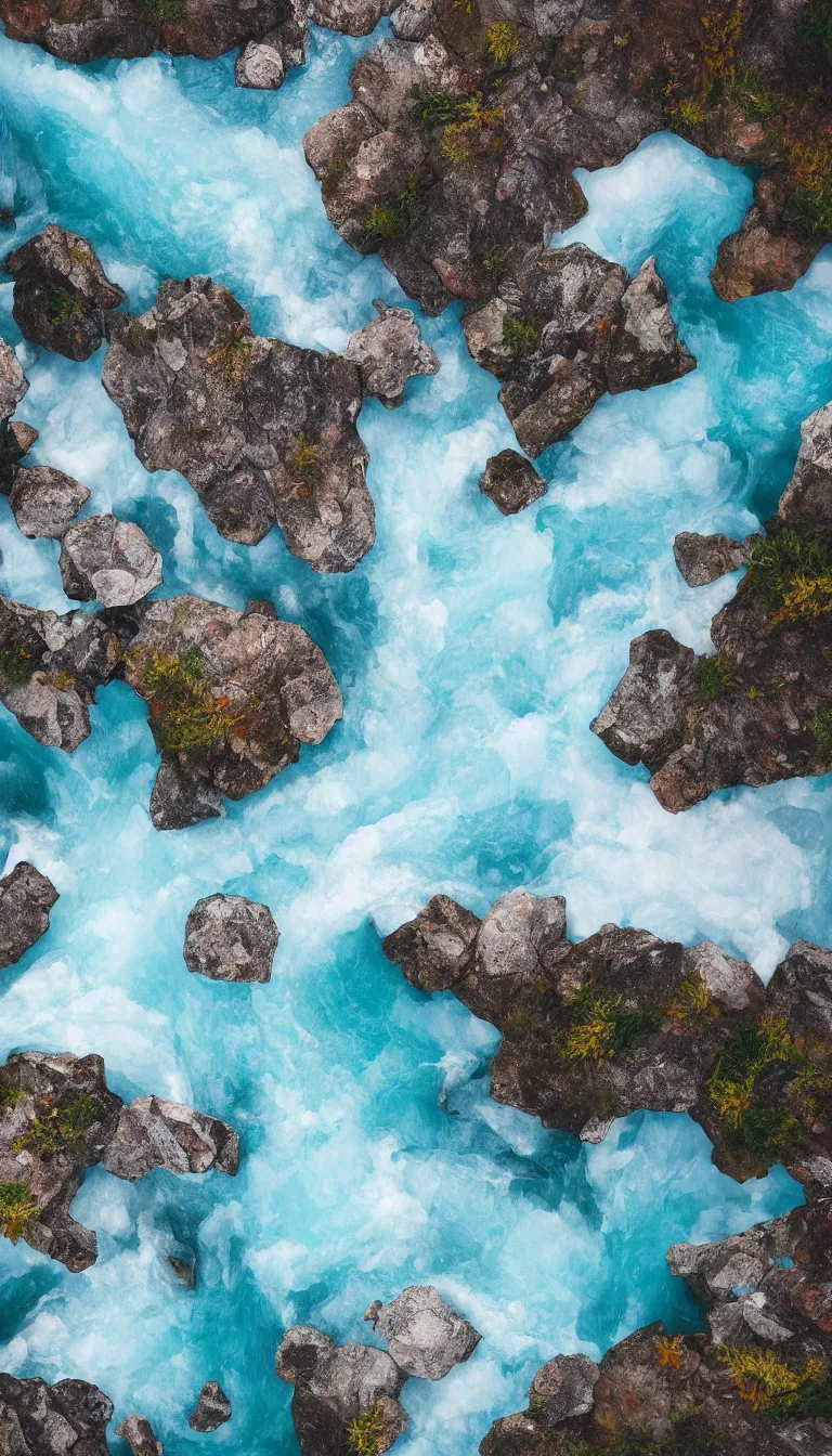 Prompt: top view of colorful river flowing from ice mountains range, octane render, wide angle, dslr hd detailed, aesthetic style