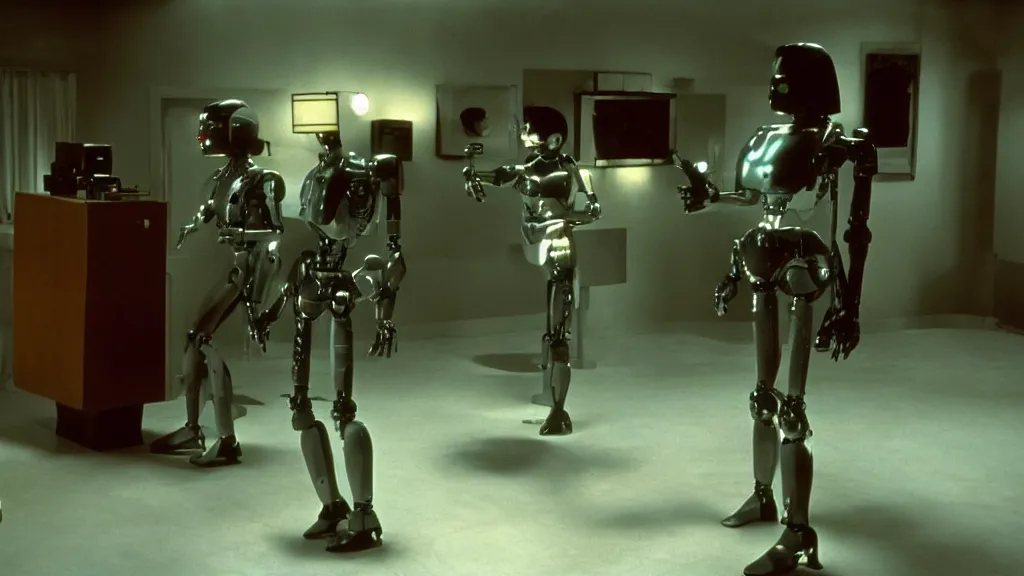 Image similar to movie scene of pulp fiction but with robots, movie still, cinematic composition, cinematic light, by david lynch