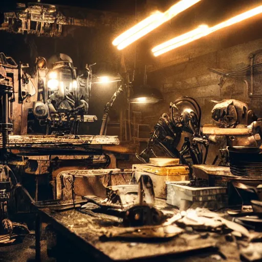 Image similar to cutlery mecha, dark messy smoke - filled cluttered workshop, dark, dramatic lighting, orange tint, cinematic, highly detailed, sci - fi, futuristic, movie still