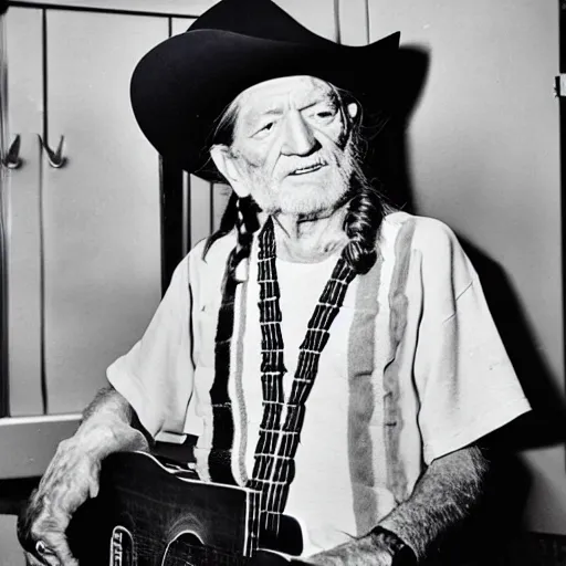 Image similar to willie nelson having a smoke in his trailer.