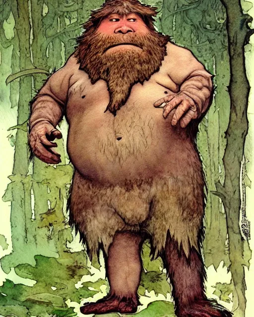 Image similar to a realistic and atmospheric watercolour fantasy character concept art portrait of a short fat bigfoot in the forest. by rebecca guay, michael kaluta, charles vess and jean moebius giraud