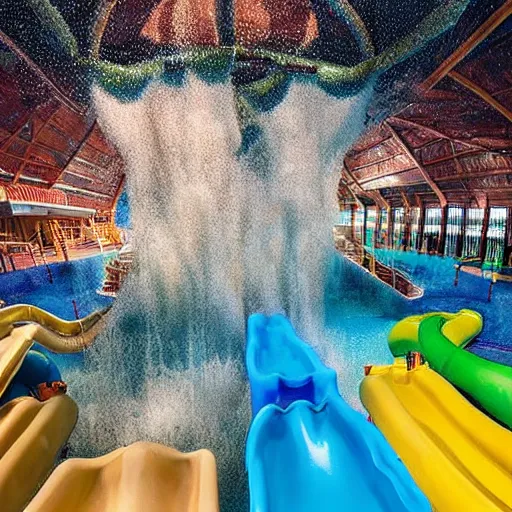 Prompt: flooded waterpark with water slides during hurricane, digital art, epic composition, highly detailed, cinematic lighting