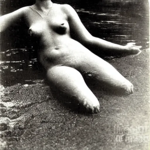 Prompt: early 1900s photograph of a mermaid