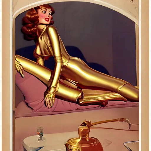 Image similar to a saucy reclining half human c3po by Gil Elvgren