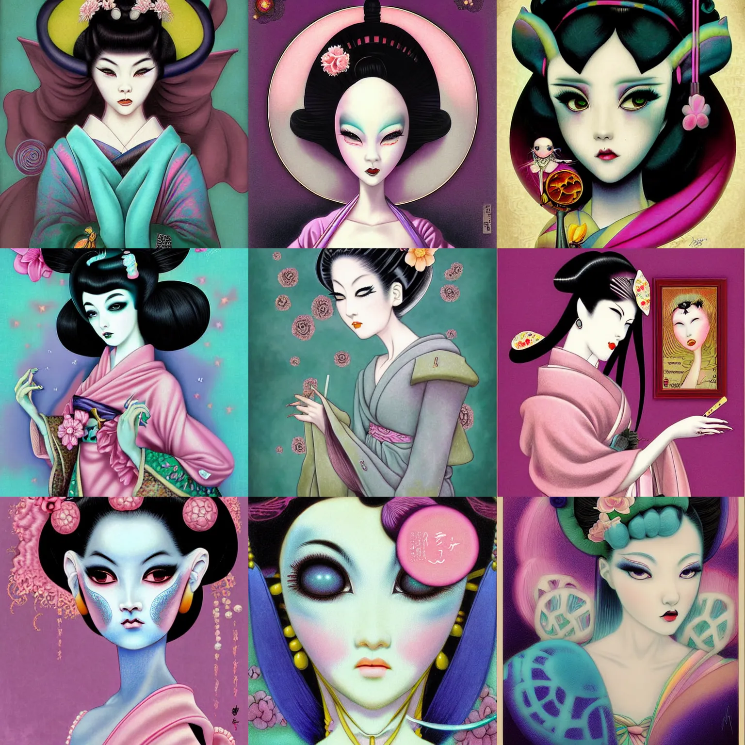 Prompt: digital painting of a pastel goth geisha by terese nielsen, mark ryden in the style of, vintage shoujo, fantastic planet, 6 0 s poster art, minimalist poster art, artgerm