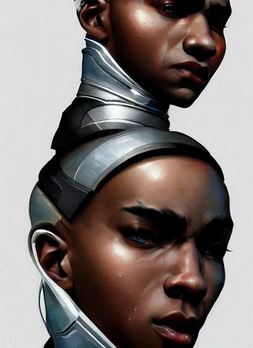 Image similar to portrait of a young black man with a mohawk and a solid black pupils, wearing futuristic techwear highly detailed, digital painting, artstation, concept art, smooth, sharp focus, illustration, art by wlop, uang guangjian and gil elvgren and sachin teng and greg rutkowski