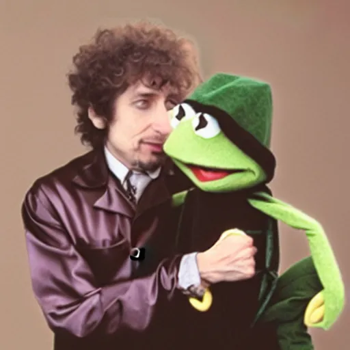 Image similar to bob dylan strangling kermit the frog, photograph