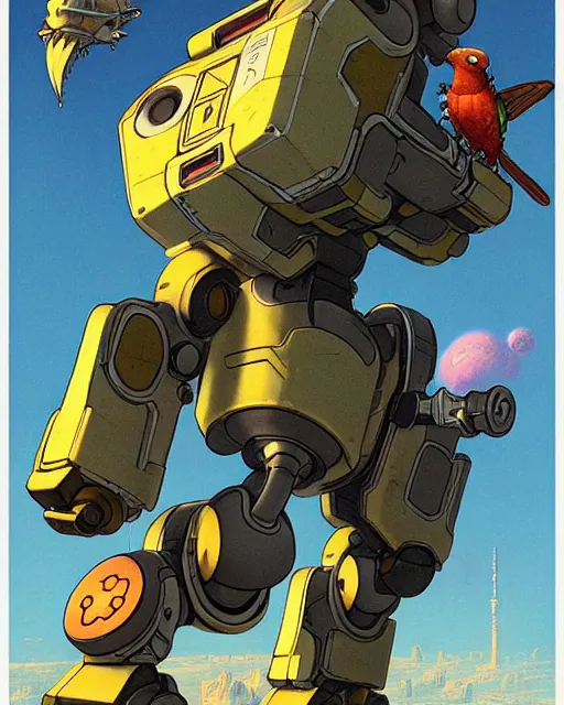 Image similar to bastion the friendly robot from overwatch, with his pet bird, character portrait, portrait, close up, concept art, intricate details, highly detailed, vintage sci - fi poster, retro future, in the style of chris foss, rodger dean, moebius, michael whelan, katsuhiro otomo, and gustave dore