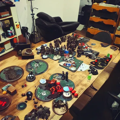 Image similar to untidy flat of game designer who plays blood bowl