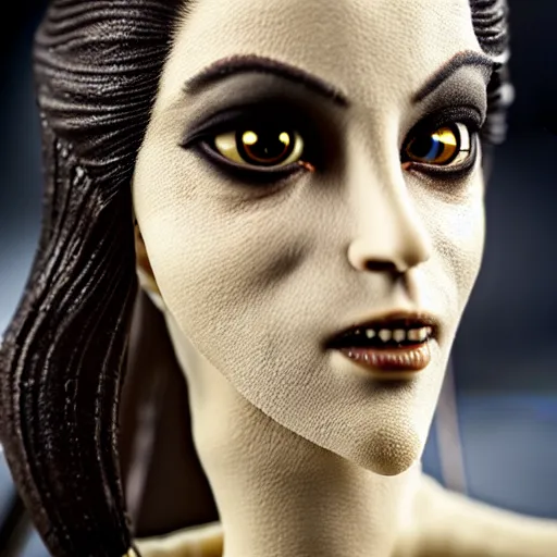 Image similar to photo taken of an epic intricate, ultra detailed, super realistic stop motion puppet of a majestic gracious regal aristocratic brunette female vampire created by weta workshop, menacing, wide angle, full body shots, photorealistic, sharp focus, white wall, extremely cold blueish colour temperature, 3 5 mm, f 1. 4, golden ratio