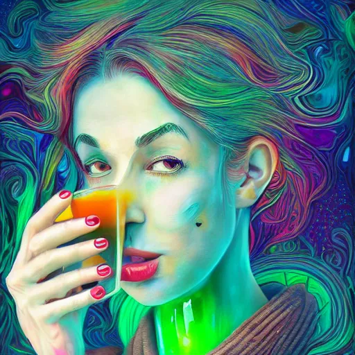 Image similar to an extremely psychedelic wideshot of an woman drinking juice, surreal, lsd, face, detailed, intricate, elegant, lithe, highly detailed, digital painting, artstation, concept art, smooth, sharp focus, illustration