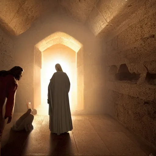 Image similar to cinematic still of the stone rolled away from Jesus's tomb, heavenly light coming from the opening, just before dawn, dynamic angles, miracle, magical, wondrous, Biblical epic movie directed by Peter Jackson