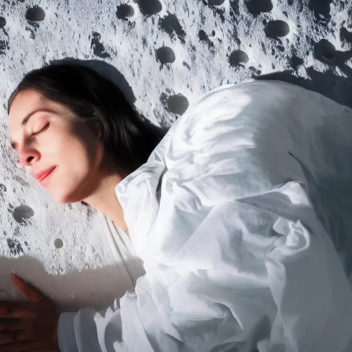 Prompt: woman sleeping in a bed on the moon, 4k, moon lighting, award winning photo