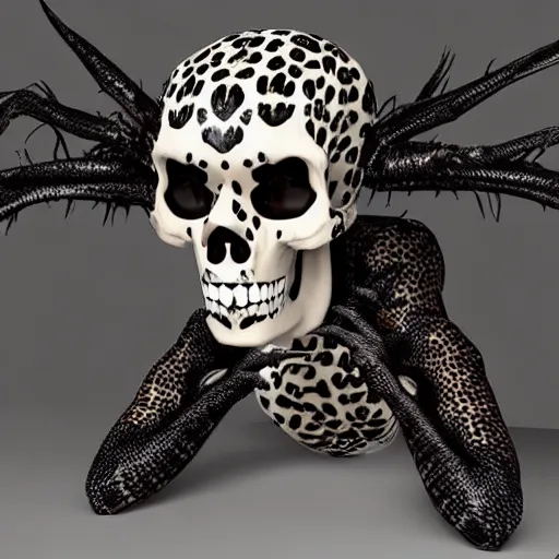 Prompt: Skull that look too much like skull!, crypt lurker!!, 8k CG character rendering of a spider-like hunting female on its back, fangs extended, wearing a leopard-patterned dress, set against a white background, with textured hair and skin.