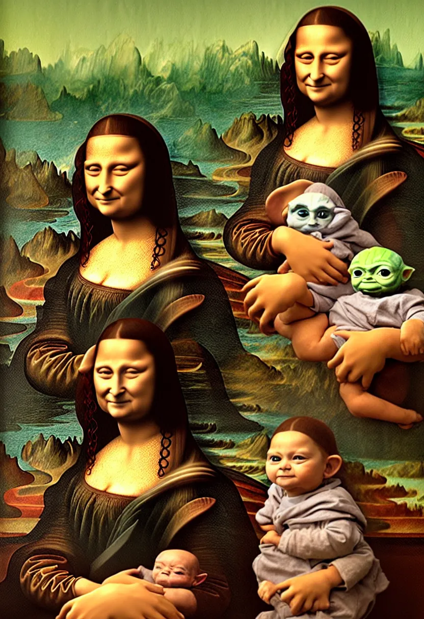 Prompt: a portrait painting of one Mona Lisa holding one Baby Yoda