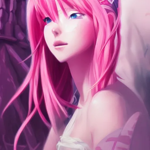 Image similar to anime girl, pink hair, gorgeous, amazing, elegant, intricate, highly detailed, digital painting, artstation, concept art, sharp focus, illustration, art by Ross tran