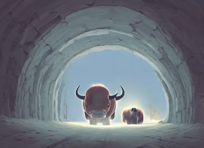 Image similar to the tunnel into winter, cottagecore, giant bull inside church, glowing eyes, by Baksinsky, painted by Goro Fujita