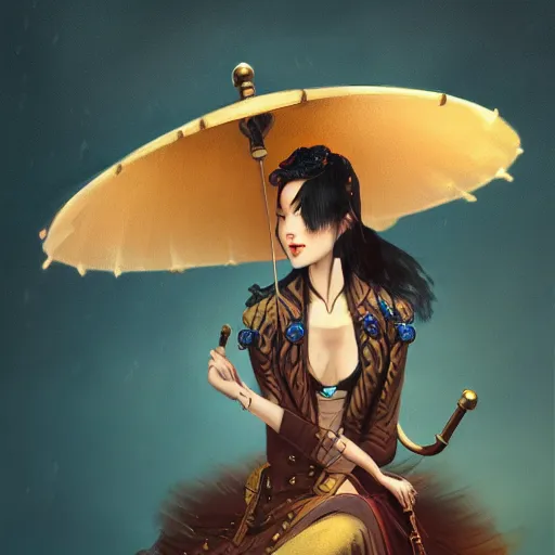 Image similar to steampunk Chinese lady with umbrella, detailed, digital painting, concept art, smooth, sharp focus, illustration, by Anato Finnstark, Tom Bagshaw, Brom