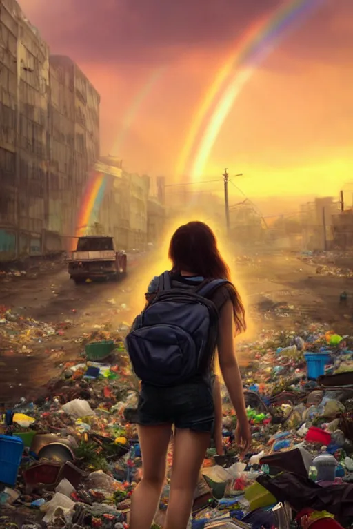 Image similar to beauty teenage girl in short with backpack looking at food at garbage dump, destroyed cars, city is pure wasteland, moody sunset background, rays of sunlights, ( ( ( rainy day, rainbow ) ) ), high details, sharp, photorealism, cinematic, greg rutkowski, alphonse mucha, trending on artstation, artgerm, unreal engine, highly detailed