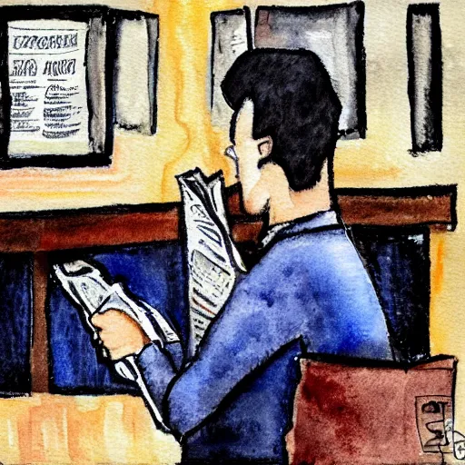 Prompt: man reading newspaper in a bar, watercolor & pen