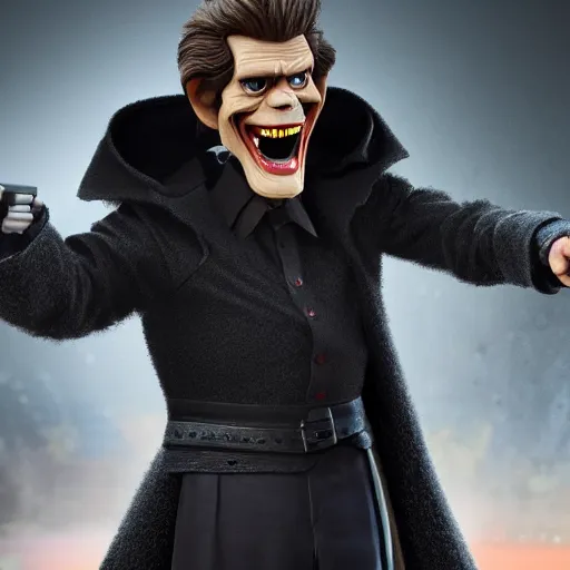 Prompt: willem dafoe as an evil pixar villain with dark coat 4k