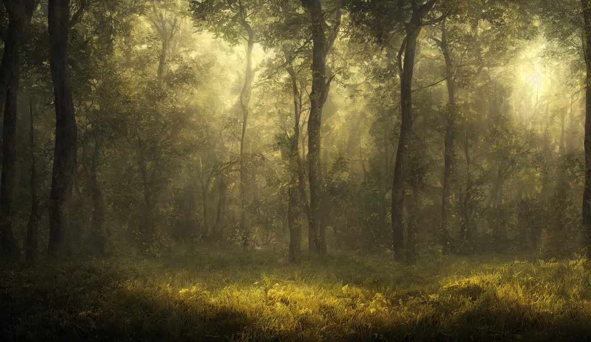 Image similar to a beautiful painting of a clearing in a forest, cinematic angle, movie concept, trending on artstation, octane render, 8 k, ultra high detail