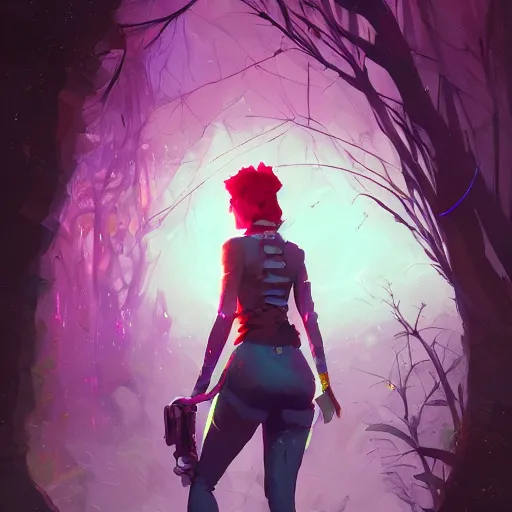 Image similar to skill magic deepdream guard girl from the back radiating a glowing aura stuff loot legends video game artstation lois van baarle, ilya kuvshinov by ismail inceoglu dragan bibin hans thoma, perfect face, fine details, realistic shaded, fine - face, pretty face