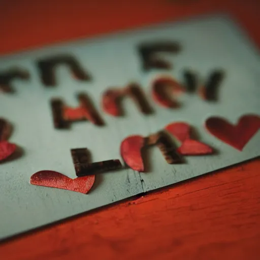 Image similar to instant photograph of letters on a dark wood table, red heart stamped, polaroid, light leak, depth of field