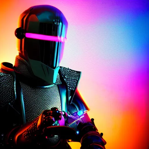 Prompt: photo of a futuristic knight cyberpunk, realistic, neon light, smoke, detailed