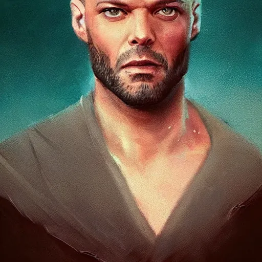 Image similar to portrait of a bald!!! ricky martin in mid thirties with gray designer stubble!!!!!!! by greg rutkowski, attractive, highly detailed portrait, scifi, digital painting, artstation, concept art, smooth, sharp foccus ilustration, artstation hq