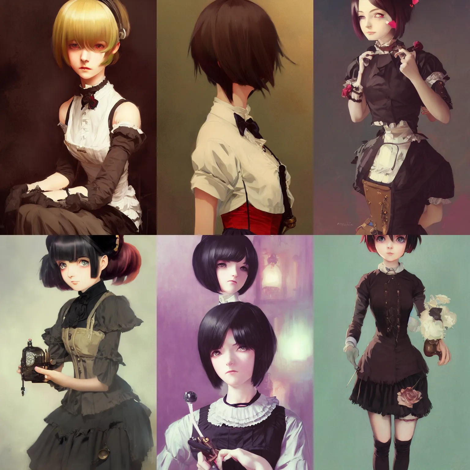 Image similar to a portrait of a cute Victorian maid with black bob cut hair, steampunk setting, vivid colors, soft lighting, atmospheric, cinematic, moody, in the style of Ilya Kuvshinov and Range Murata, Krenz Cushart, oil on canvas, 8k