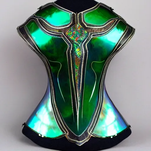 Prompt: iridescent, green mother of pearl and malachite art nouveau style full plate female jousting armor
