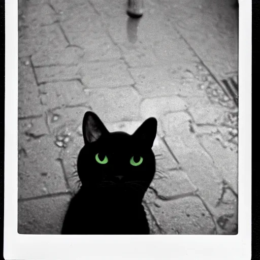 Image similar to wide-shot very low-angle eyesight first-person reflection of a cat's face in the puddle at the street, polaroid photo, by Andy Warhol, signed