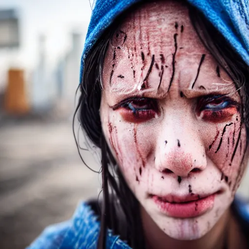 Image similar to photographic portrait of a distressed streetwear woman holding back tears, a futuristic shanty town burns in the background, closeup, sigma 85mm f/1.4, 4k, depth of field, high resolution, 4k, 8k, hd, full color