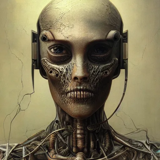 Prompt: a beautiful portrait of a female cyborg covered in chitinous armor peering into the void by Zdislaw Beksinski and H.R Giger, Trending on Artstation, ultra realistic digital art