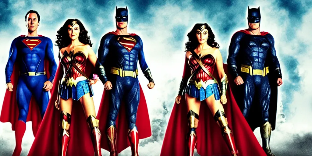 Prompt: DC Justice League with Lynda Carter, Nicolas Cage, Michael Keaton and Wesley Snipes