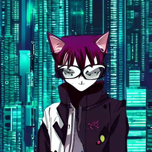 Image similar to a cyberpunk anime cat, 2 d illustration